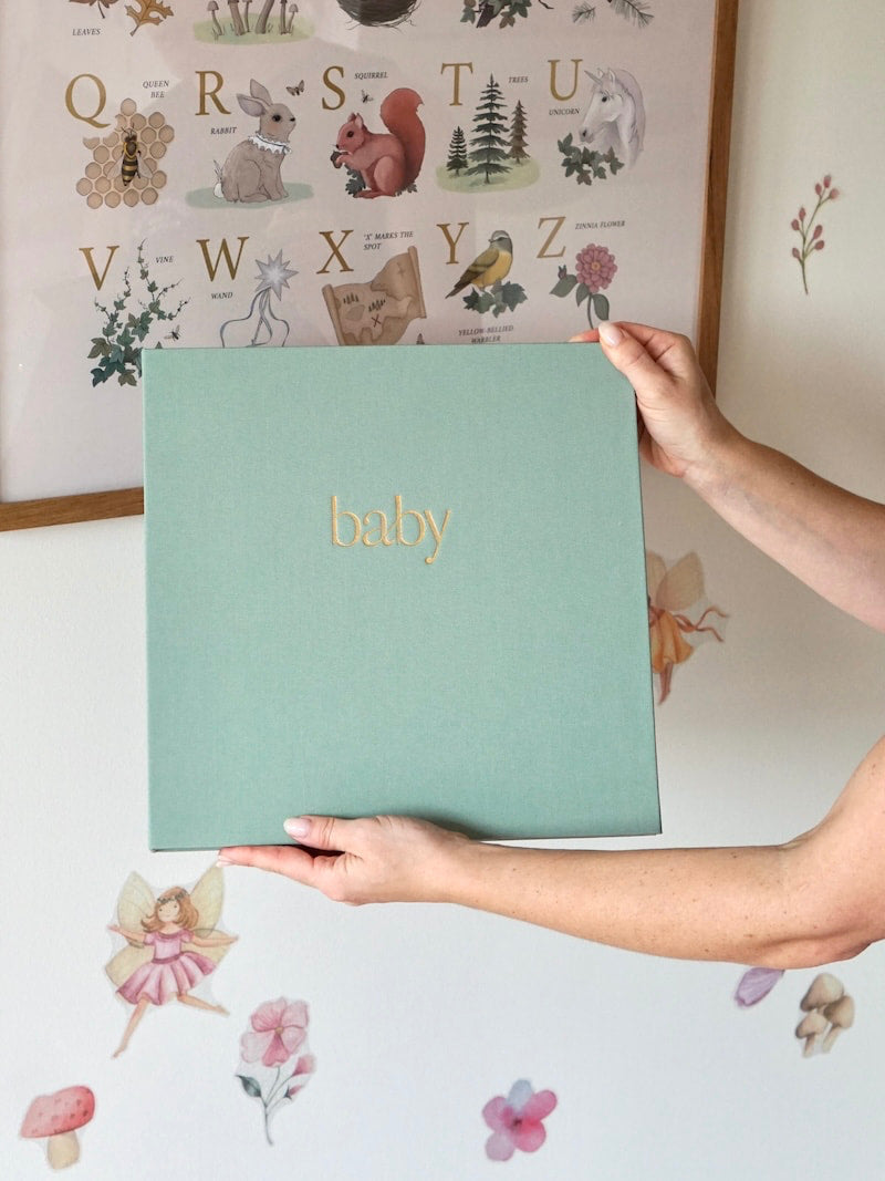Sage green linen baby photo album cover