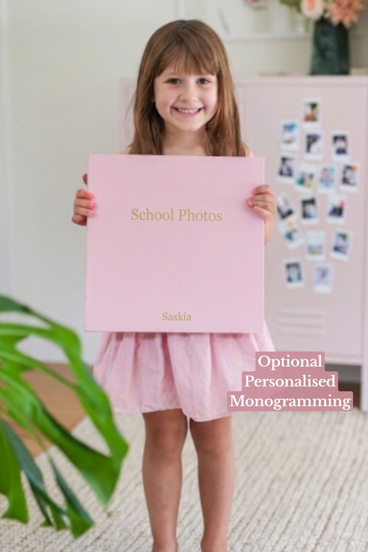 Personalised school photo album in pink linen
