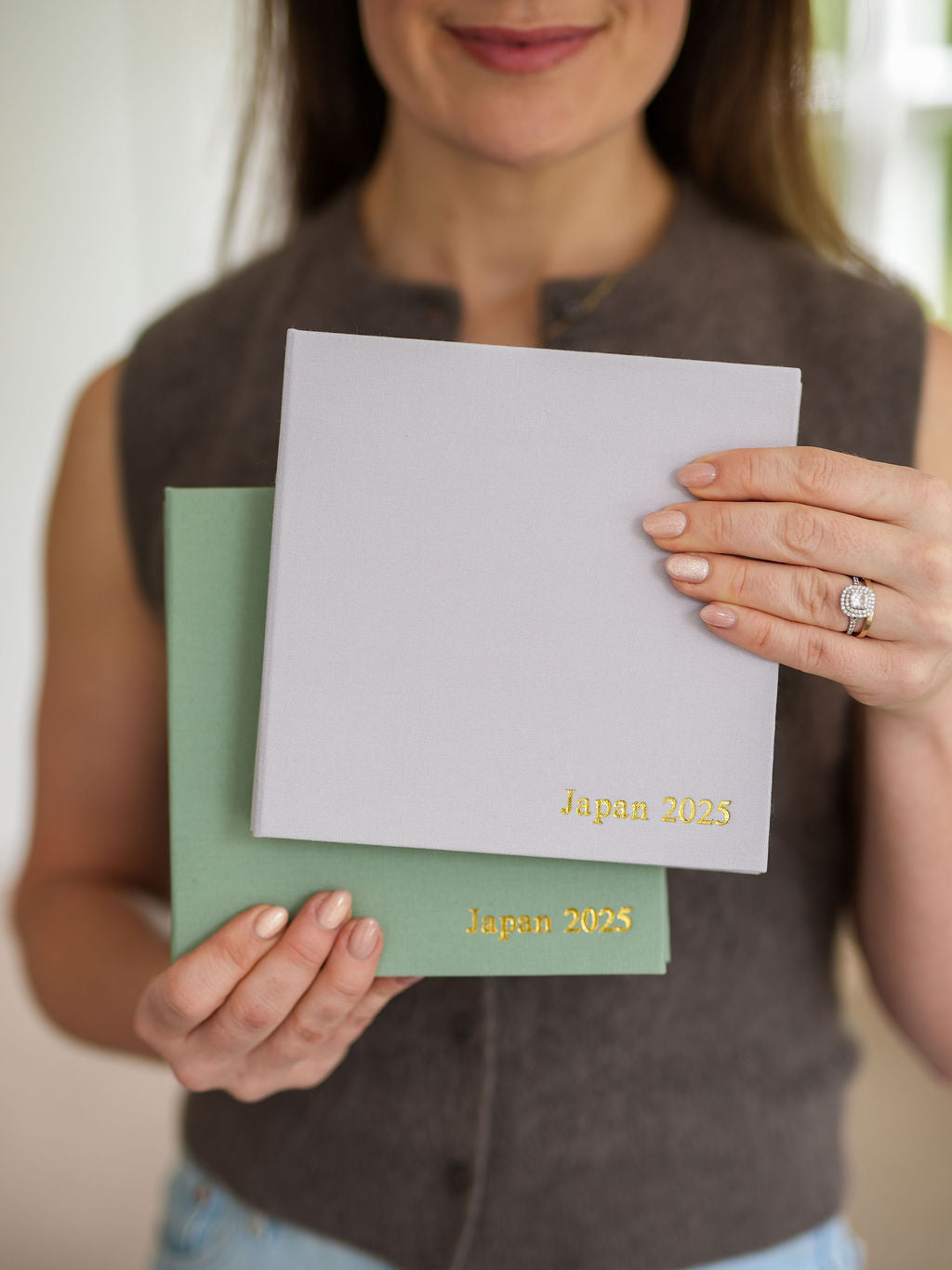 Two Travel Photo Albums in lilac and matcha linen, personalised Japan 2025 in gold foil