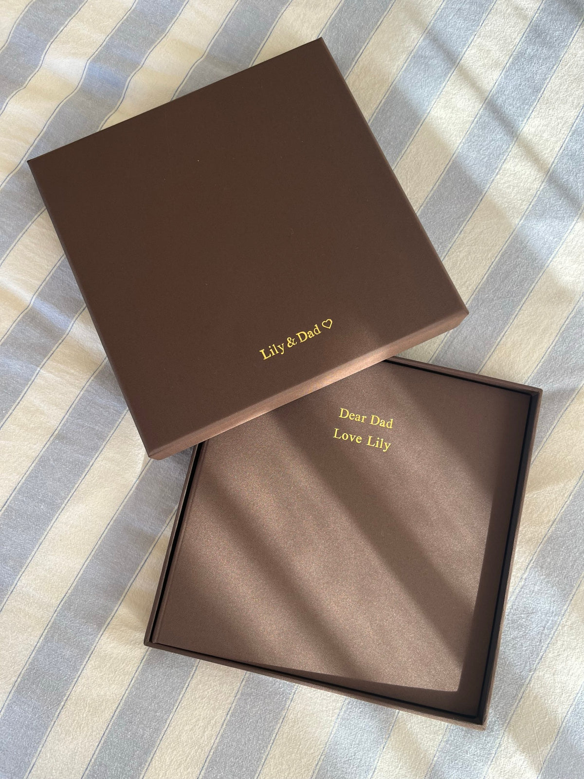 Cocoa bespoke album in its keepsake box, personalised Dear Dad Love Lily in gold foil