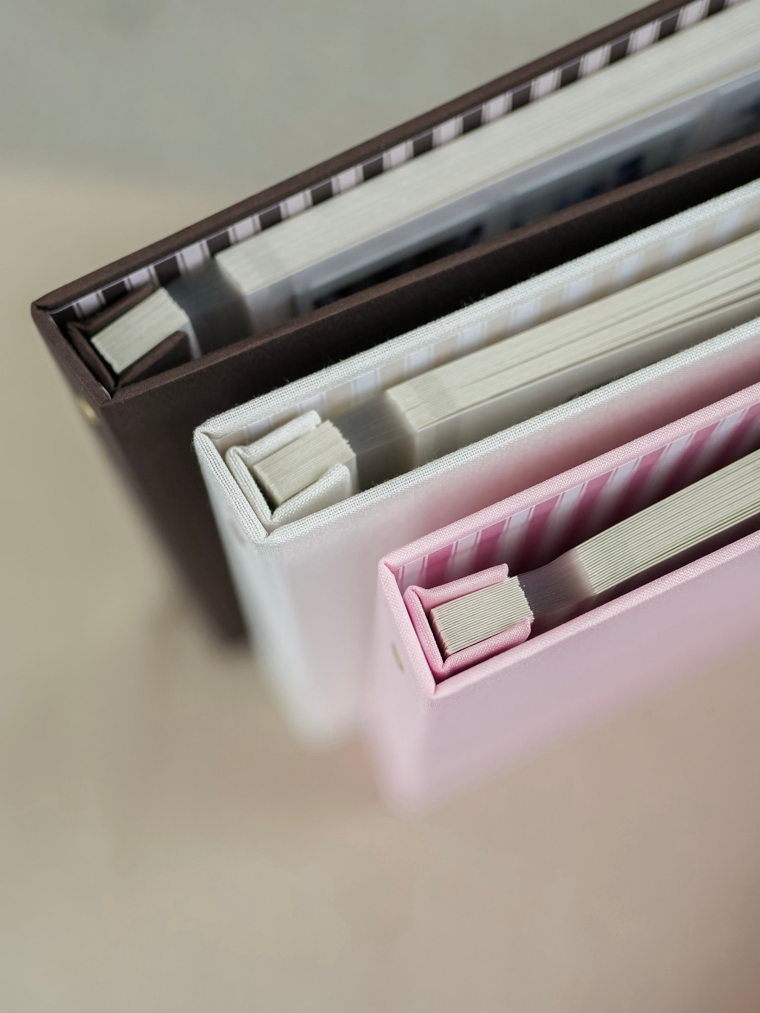 Complementary striped interior of the bespoke linen album