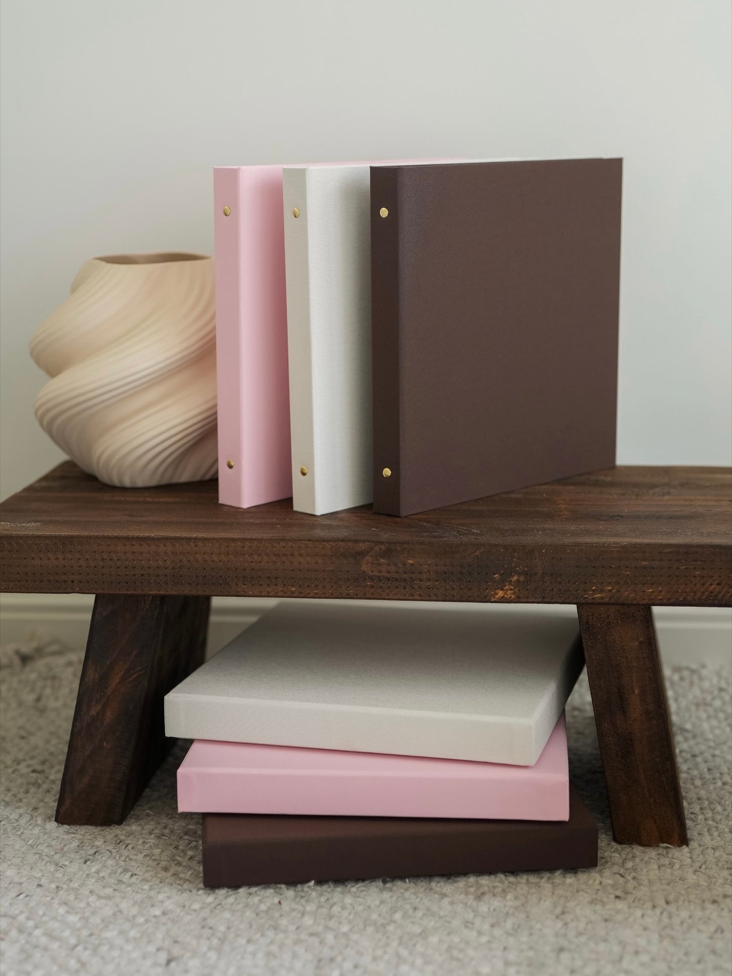 Bespoke linen photo albums in Cocoa, Ivory and Rose