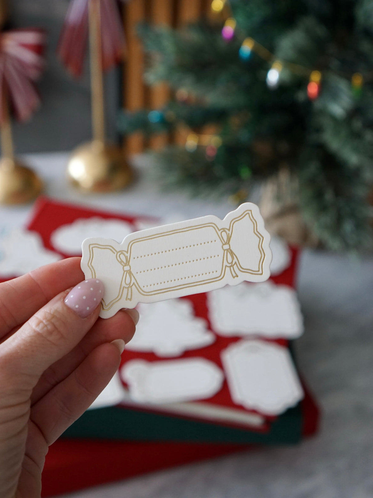 Christmas photo album caption cards in gold foil