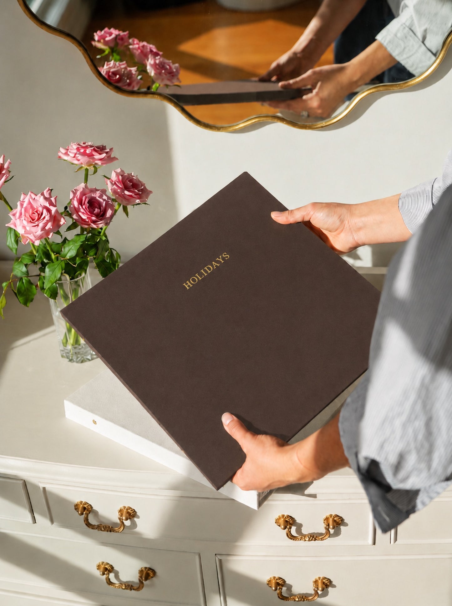 Large custom photo album in cocoa linen, personalised Holidays in gold foil