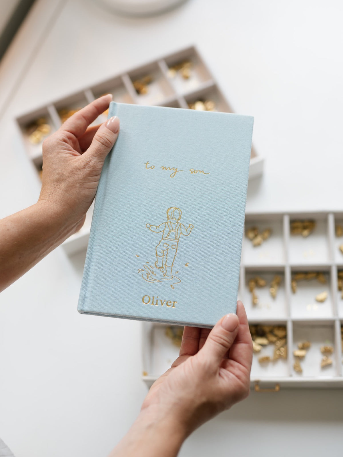 To My Son personalised baby journal in sky blue linen with gold foil illustrated cover