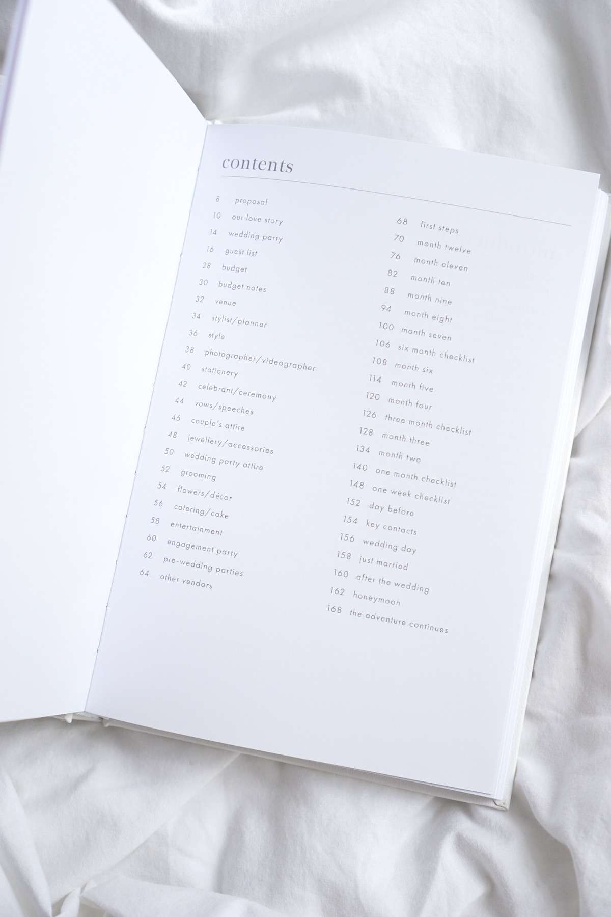Contents page of the Wedding Planner Book